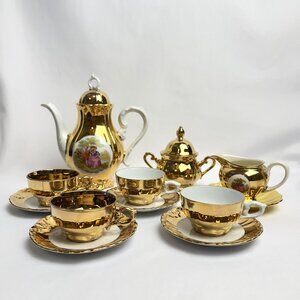 Bavaria Porcelain Vintage Tea Set Gold Trim Victorian Motif German 14 pcs.